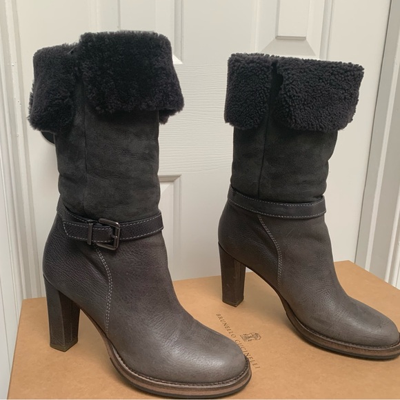 Brunello Cucinelli Women’s Leather Suede Shearling Boots, Chocolate Grey 38 EUC - Picture 2 of 6
